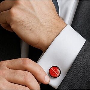 Handmade Red Fluid Art Glass Cabochon Cufflinks Brass Setting by Svetlana Yeung